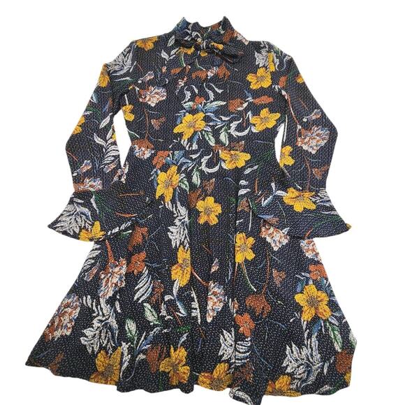 California Moon Rise Dress Fall Floral Bow Neck Blue Mini Nomad Art House Small - Picture 5 of 12